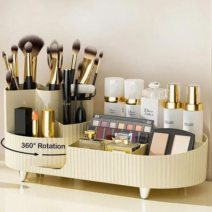 Organisateur de maquillage rotatif à 360 °, support de rangement pour cosmétiques avec 5 compartiments, support multifonctionnel pour pinceaux et stylos 15
