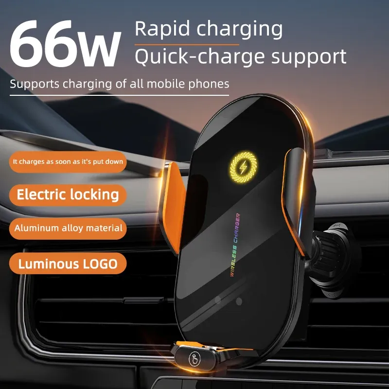 Support de téléphone sans fil pour voiture 66 W, station de charge rapide à induction infrarouge automatique, compatible iPhone 15, 14, 13, 12 et Samsung, Xiaomi
