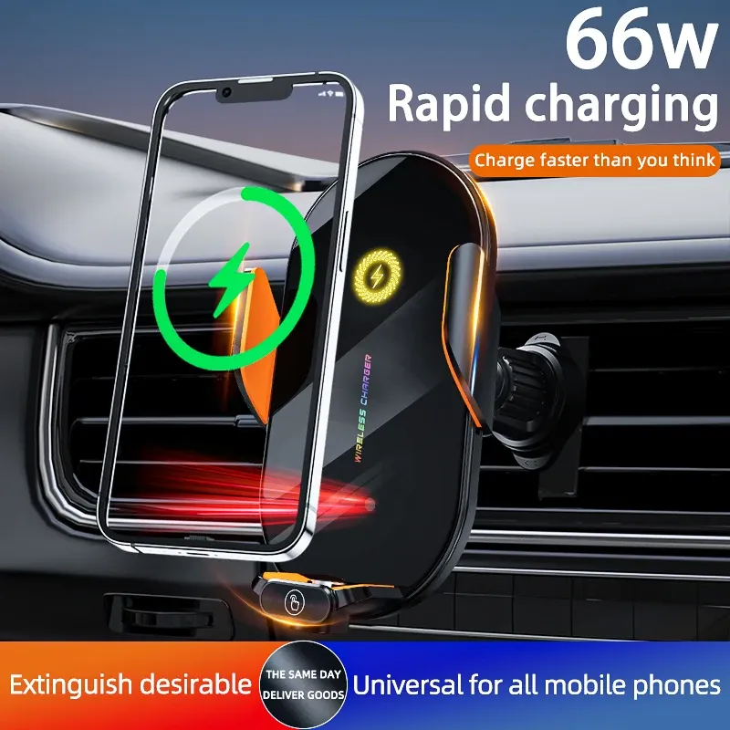 Support de téléphone sans fil pour voiture 66 W, station de charge rapide à induction infrarouge automatique, compatible iPhone 15, 14, 13, 12 et Samsung, Xiaomi 3