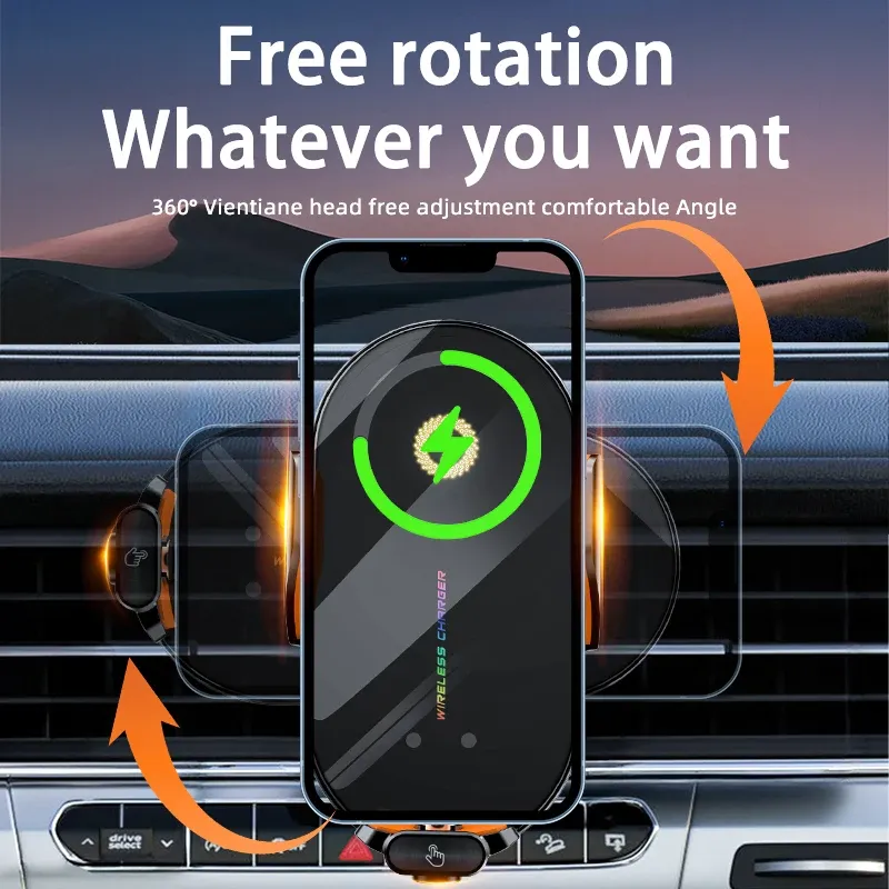 Support de téléphone sans fil pour voiture 66 W, station de charge rapide à induction infrarouge automatique, compatible iPhone 15, 14, 13, 12 et Samsung, Xiaomi 5