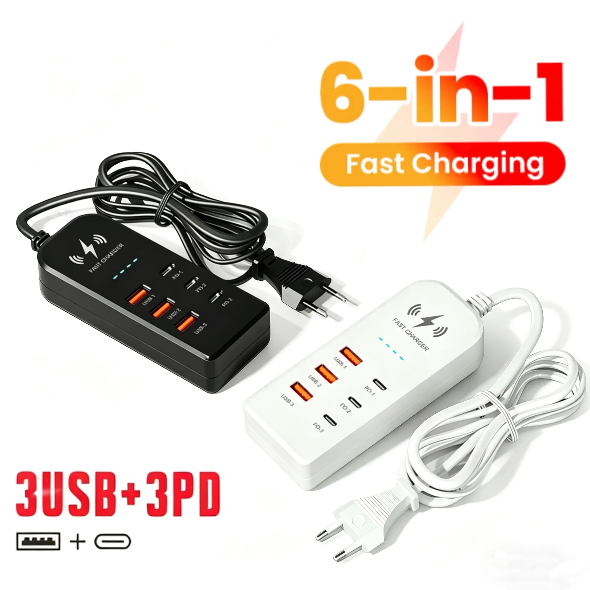 Chargeur mural multiport 6 en 1 à charge rapide USB-C, prises EU/US