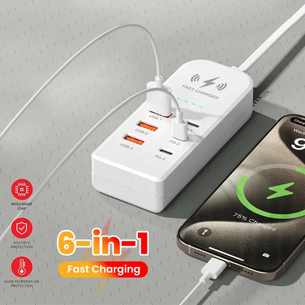 Chargeur mural multiport 6 en 1 à charge rapide USB-C, prises EU/US 3