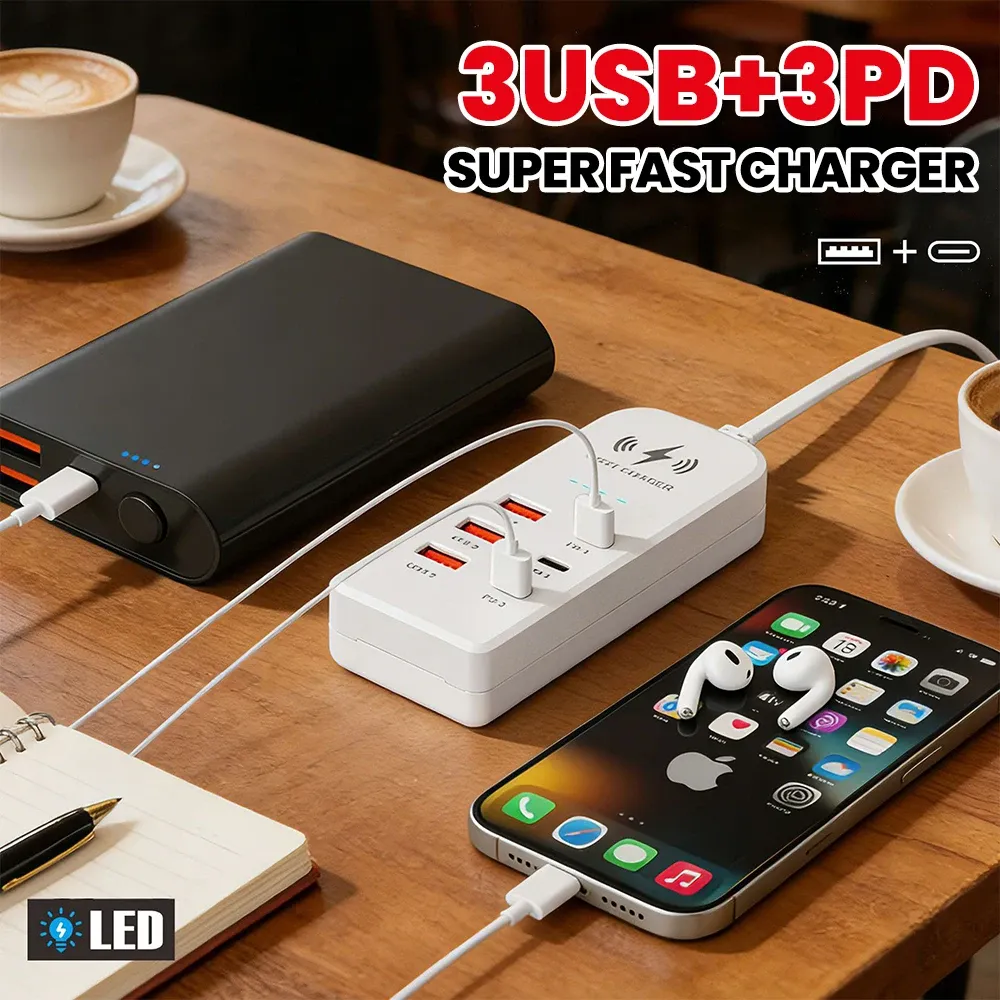 Chargeur mural multiport 6 en 1 à charge rapide USB-C, prises EU/US 2