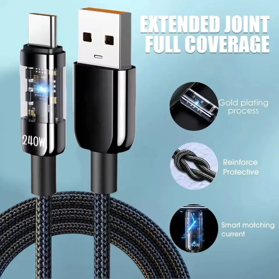 Câble de charge rapide USB-C vers USB-C 240 W, double ligne, en nylon tressé, compatible Samsung, Huawei, Xiaomi et ordinateurs portables 3