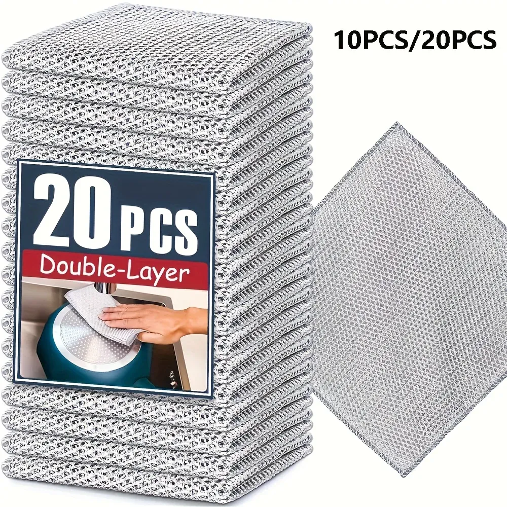 Chiffon de nettoyage en fil d'acier épais, lot de 5 à 20 pièces, anti-rayures, double couche, maille en microfibre et fil de fer, éponge pour lavage de vaisselle - Image 1