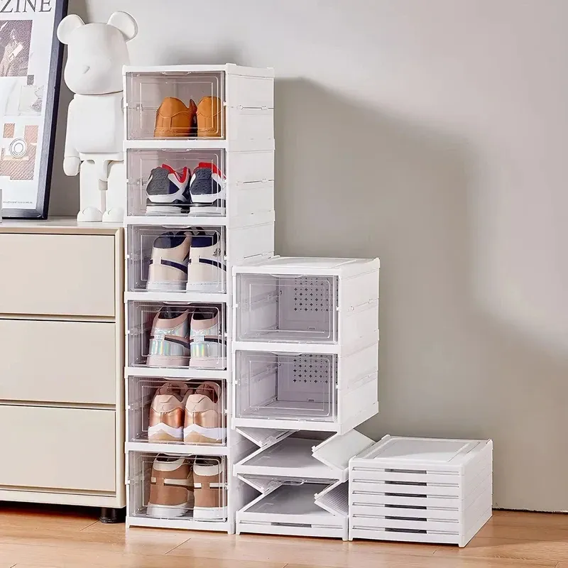 Boîte de rangement pliable pour chaussures à 1, 3 ou 6 niveaux, boîte transparente pour baskets, empilable, anti-poussière, organisateur de chaussures, étagère - Image 1