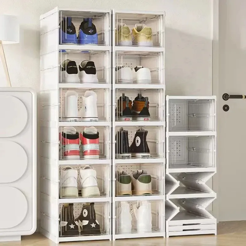 Boîte de rangement pliable pour chaussures à 1, 3 ou 6 niveaux, boîte transparente pour baskets, empilable, anti-poussière, organisateur de chaussures, étagère 2