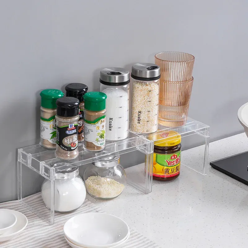Organisateur de placard extensible transparent, séparateur d'épices et de vaisselle, polyvalent pour cuisine et salle de bain 3
