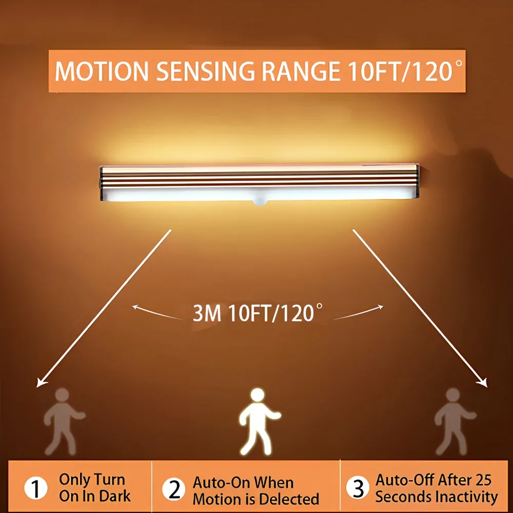 Veilleuse LED sans fil à détecteur de mouvement, rechargeable par USB, avec fixation magnétique pour armoire, chambre, placard, cuisine et couloir 4