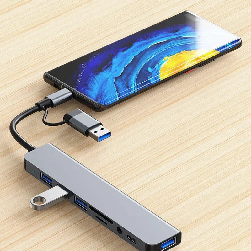 Station d'accueil USB-C 8 en 2 avec hub USB, prise jack audio 3,5 mm et lecteur de cartes Micro SD pour ordinateur portable, tablette et smartphone 3