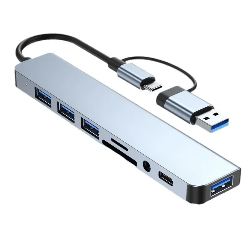 Station d'accueil USB-C 8 en 2 avec hub USB, prise jack audio 3,5 mm et lecteur de cartes Micro SD pour ordinateur portable, tablette et smartphone 7