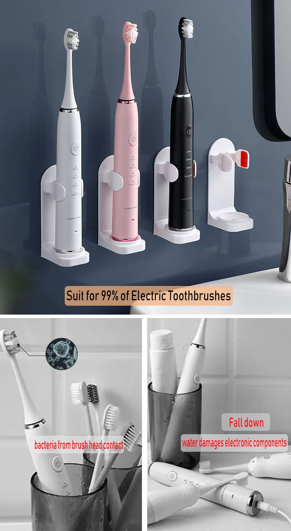 Porte-brosse à dents électrique à fixation murale, vue d'ensemble