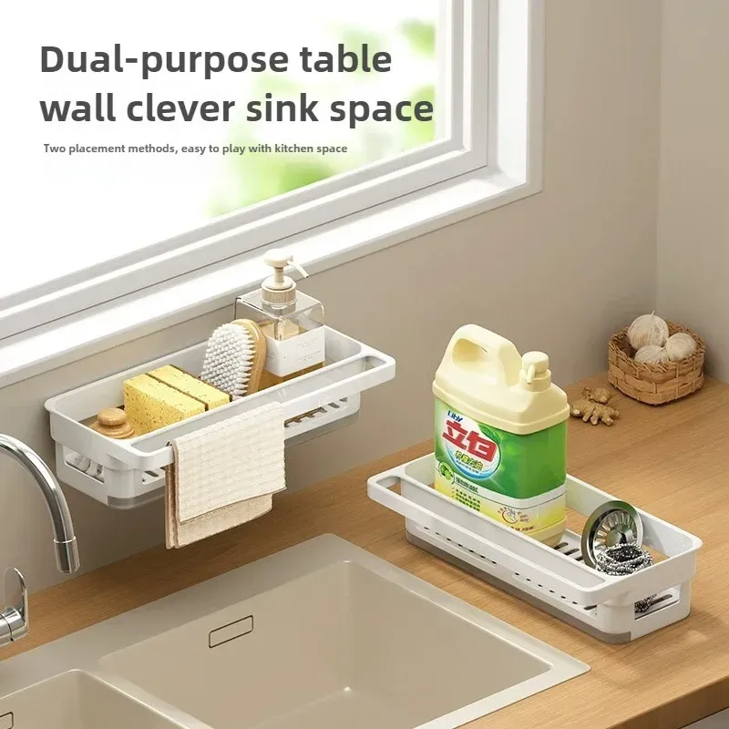 Porte-éponge pour évier de cuisine, support mural avec système d'égouttage et plateau de récupération, organisateur en plastique blanc pour plan de travail 3