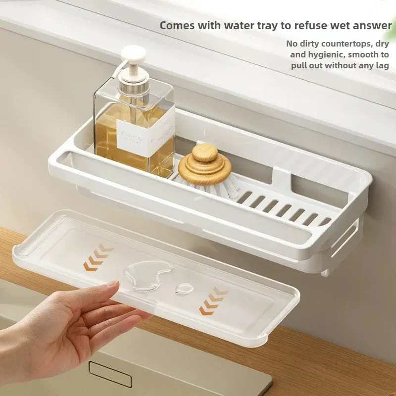 Porte-éponge pour évier de cuisine, support mural avec système d'égouttage et plateau de récupération, organisateur en plastique blanc pour plan de travail 2