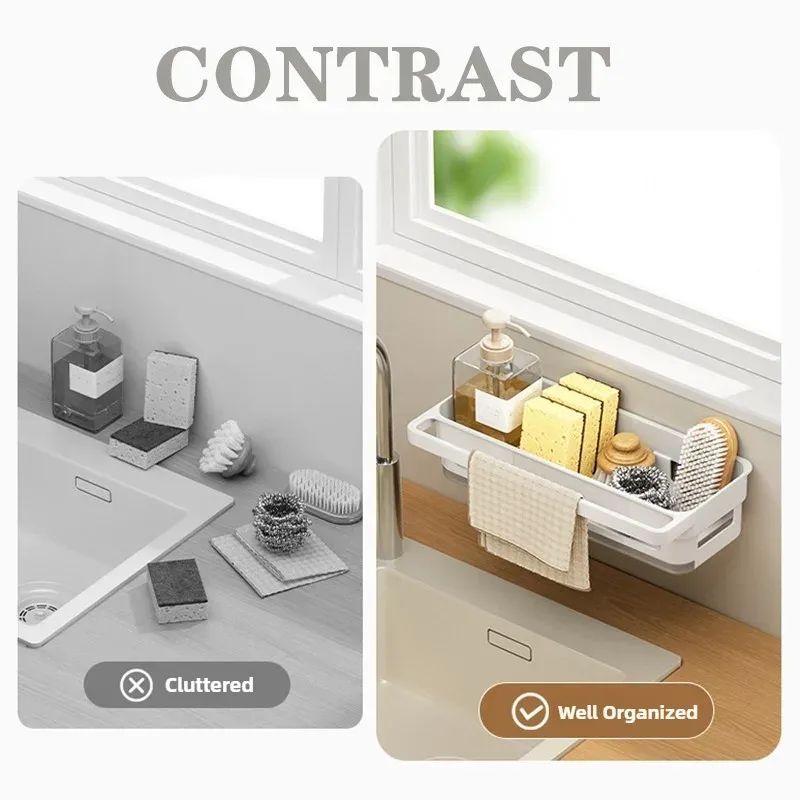 Porte-éponge pour évier de cuisine, support mural avec système d'égouttage et plateau de récupération, organisateur en plastique blanc pour plan de travail 5