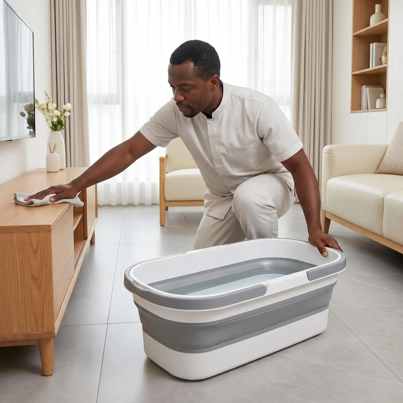 Seau pliable en contexte d'usage