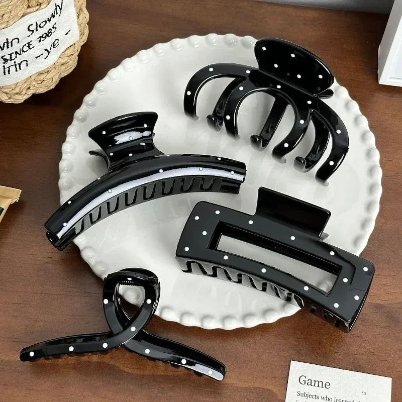 Pince à Cheveux Géométrique Rétro à Pois Noirs et Blancs pour Femme et Fille, Pince Requin Élégante 3