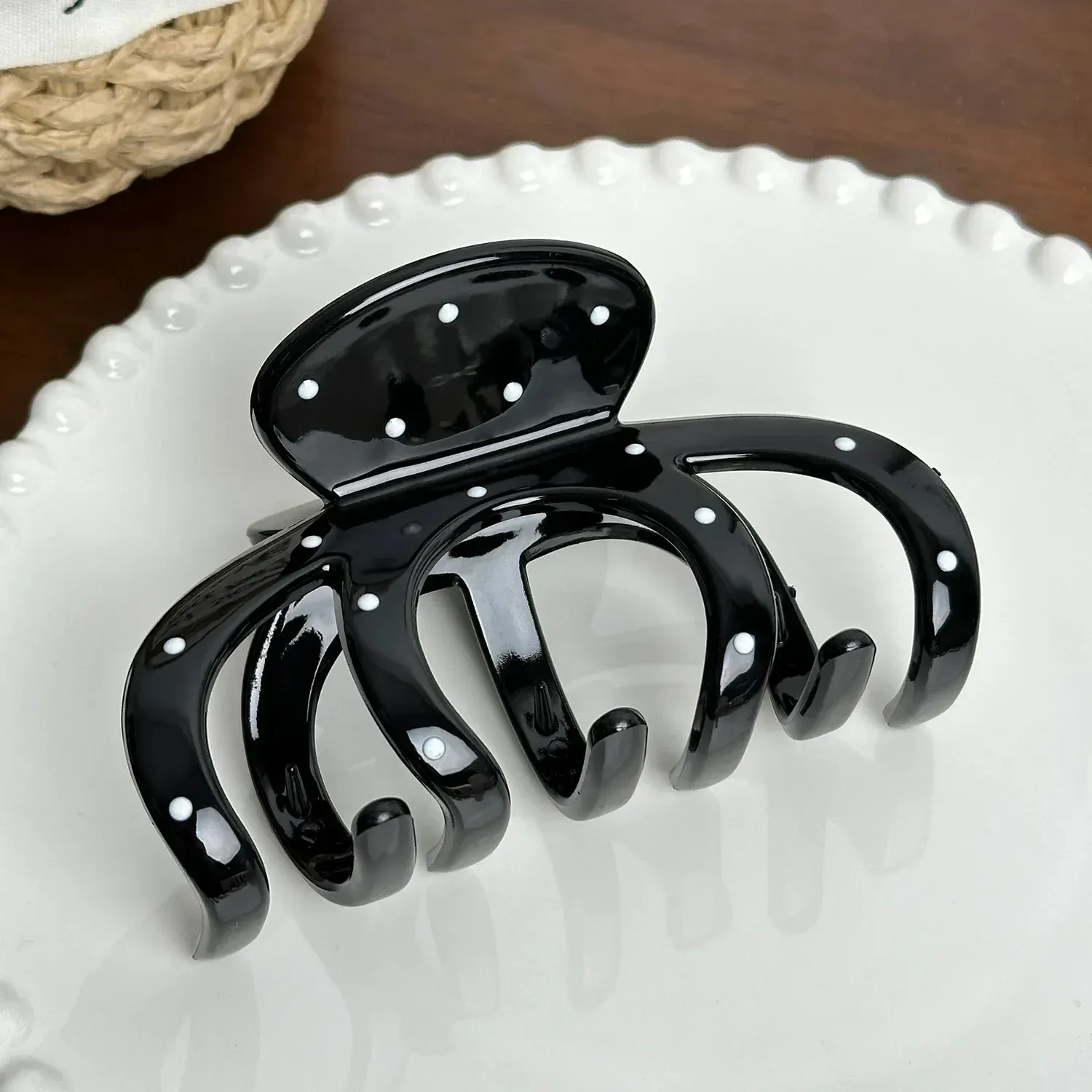 Pince à Cheveux Géométrique Rétro à Pois Noirs et Blancs pour Femme et Fille, Pince Requin Élégante 10