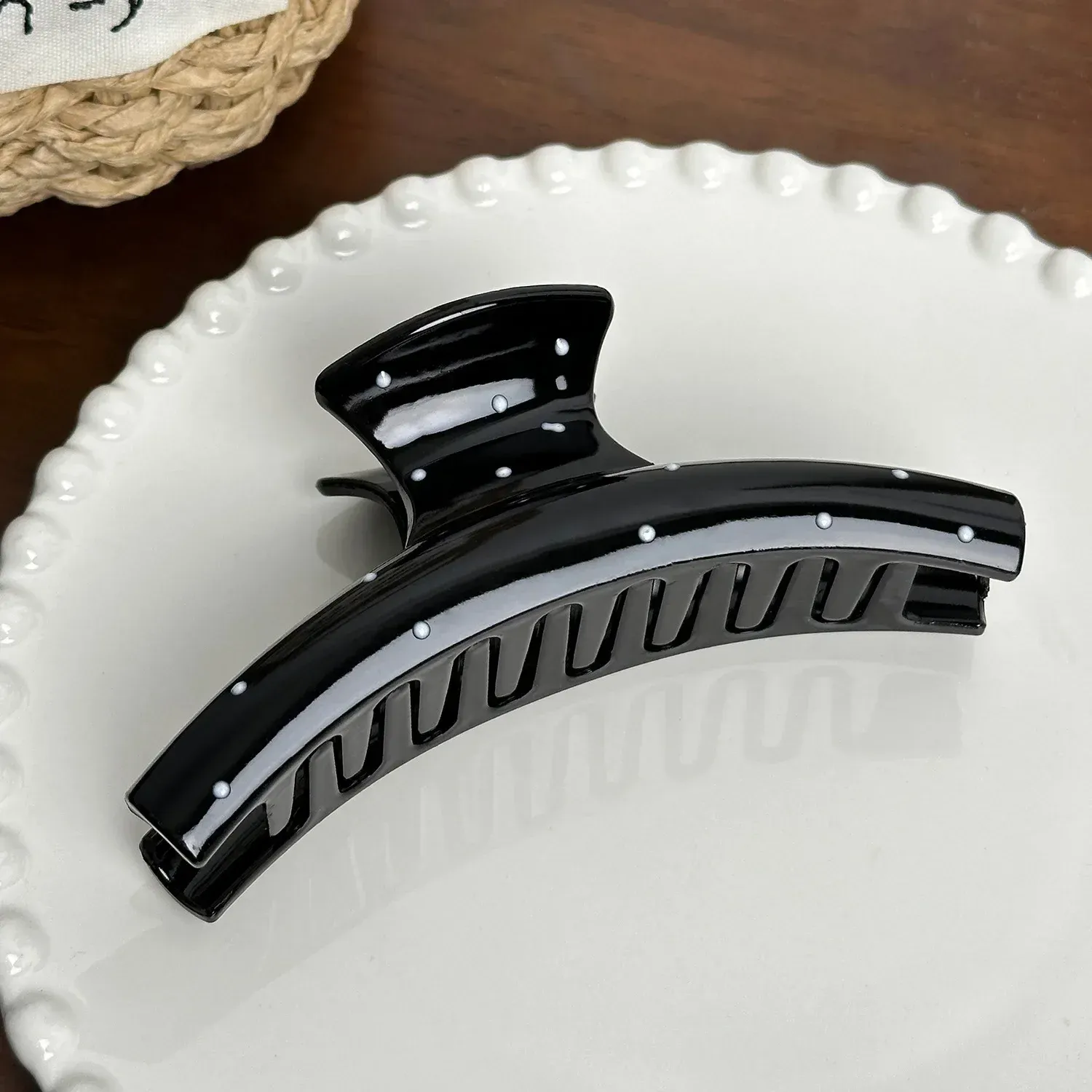 Pince à Cheveux Géométrique Rétro à Pois Noirs et Blancs pour Femme et Fille, Pince Requin Élégante 8