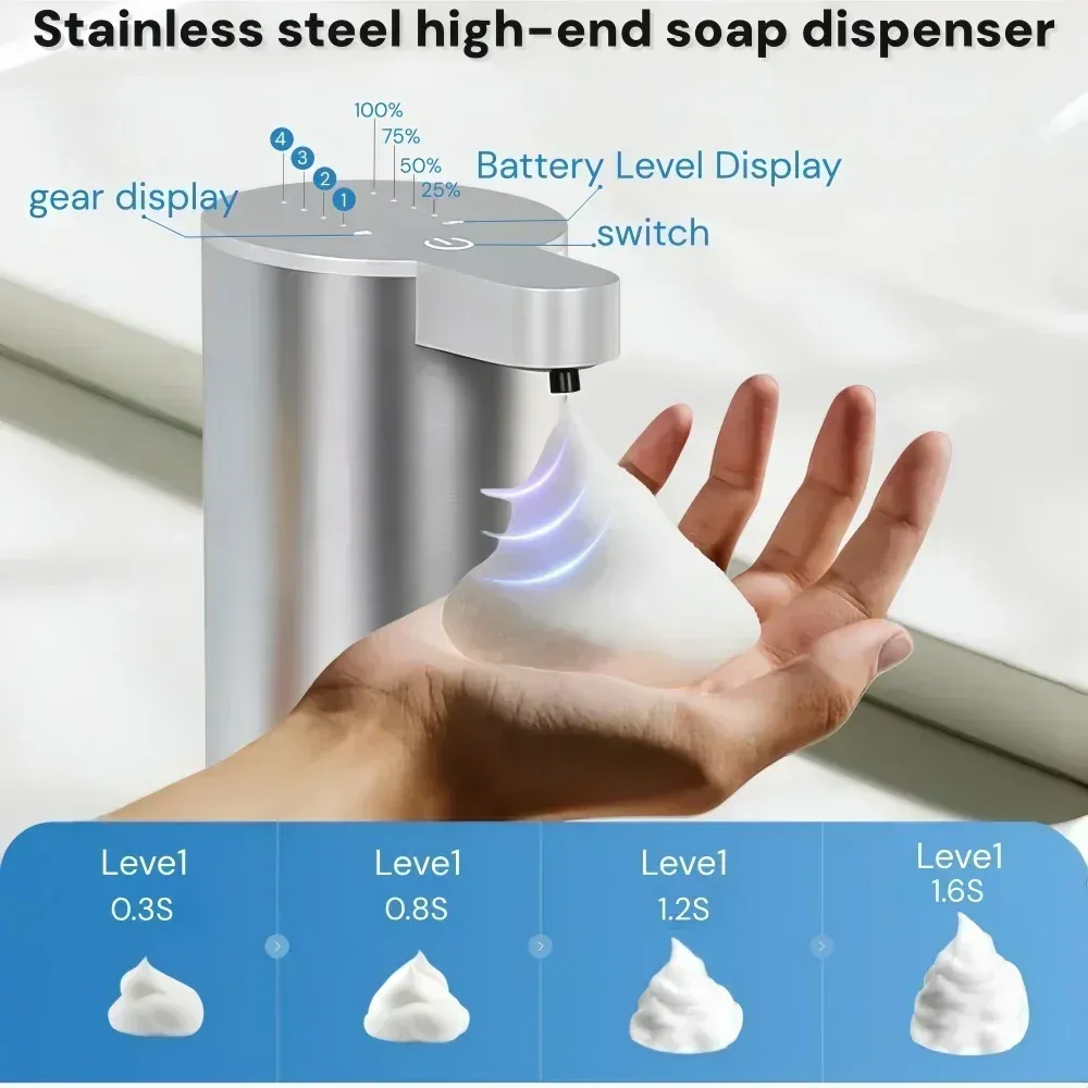 Distributeur de savon automatique rechargeable, 360 ml, en acier inoxydable, capteur infrarouge sans contact, pour salle de bain et cuisine, étanche IPX5 3