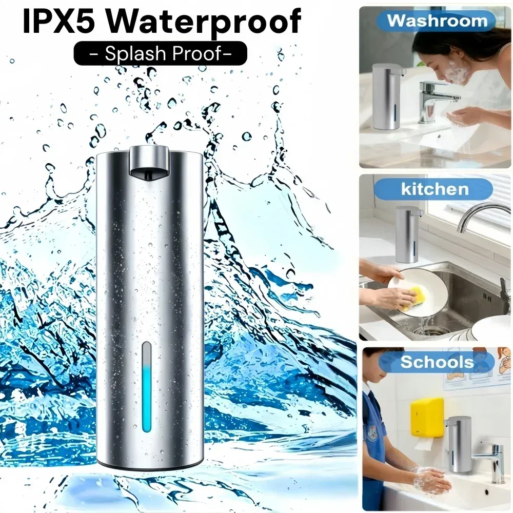 Distributeur de savon automatique rechargeable, 360 ml, en acier inoxydable, capteur infrarouge sans contact, pour salle de bain et cuisine, étanche IPX5 4