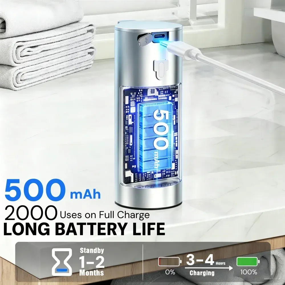 Distributeur de savon automatique rechargeable, 360 ml, en acier inoxydable, capteur infrarouge sans contact, pour salle de bain et cuisine, étanche IPX5 5