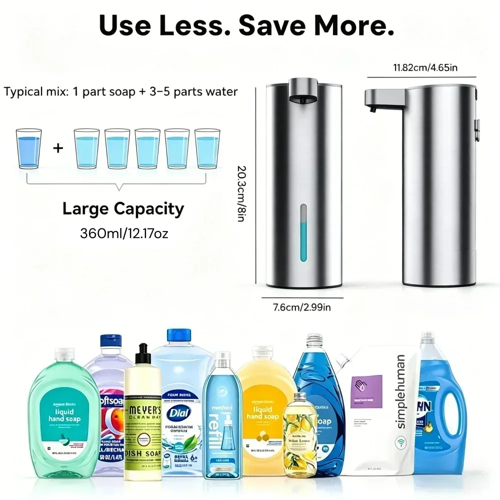 Distributeur de savon automatique rechargeable, 360 ml, en acier inoxydable, capteur infrarouge sans contact, pour salle de bain et cuisine, étanche IPX5 6