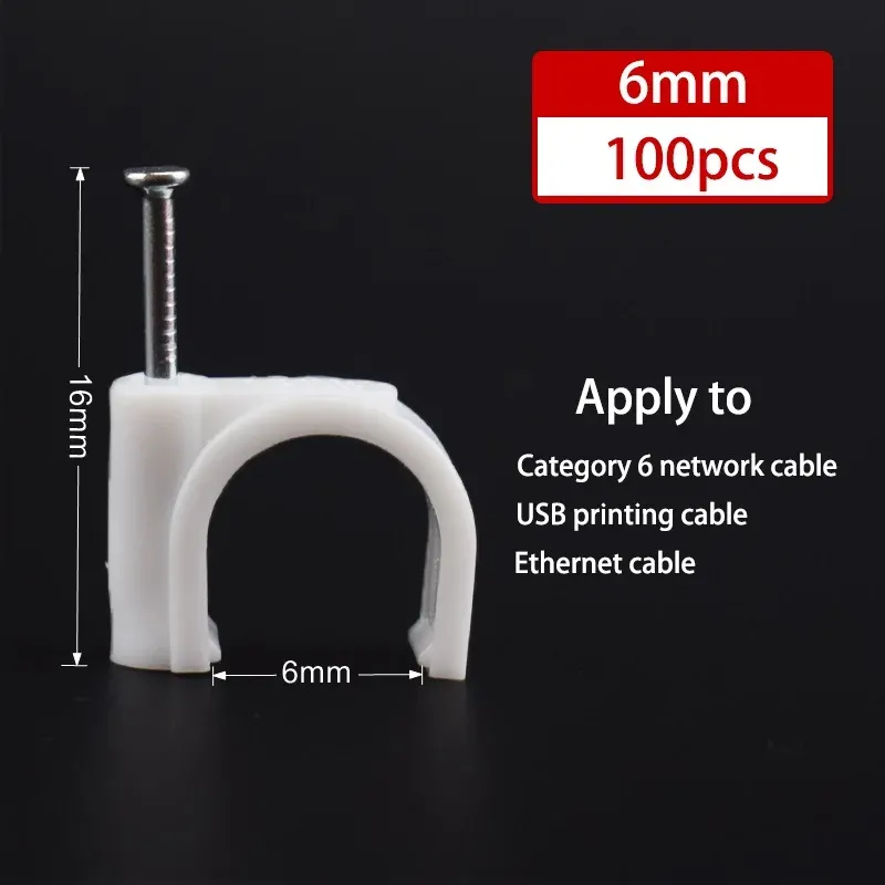 Lot de 100 clips de câble à clouer, 4, 6, 8, 10, 12, 14, 16 et 20 mm, pour câbles coaxiaux et cordons 14