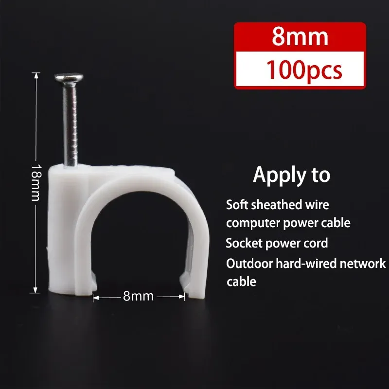 Lot de 100 clips de câble à clouer, 4, 6, 8, 10, 12, 14, 16 et 20 mm, pour câbles coaxiaux et cordons 13