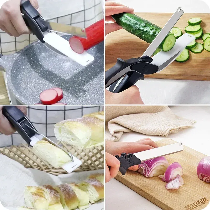 Ciseaux de cuisine en acier inoxydable 2 en 1, planche à découper, hachoir pour fruits et légumes, multifonctionnel 3
