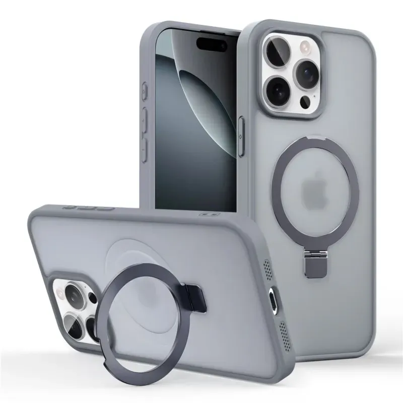 Coque magnétique mate avec anneau métallique et béquille, compatible MagSafe pour iPhone 11 à 17, Air, Pro et Pro Max