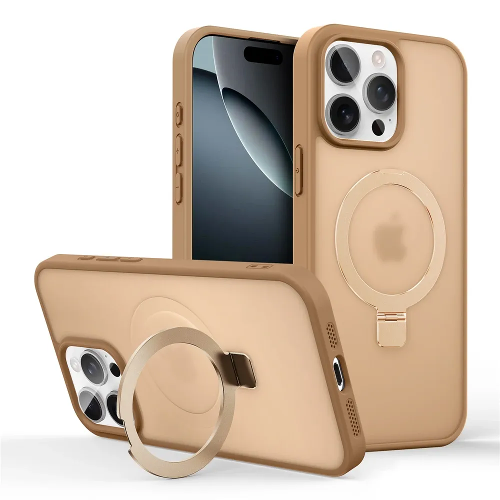 Coque magnétique mate avec anneau métallique et béquille, compatible MagSafe pour iPhone 11 à 17, Air, Pro et Pro Max 11