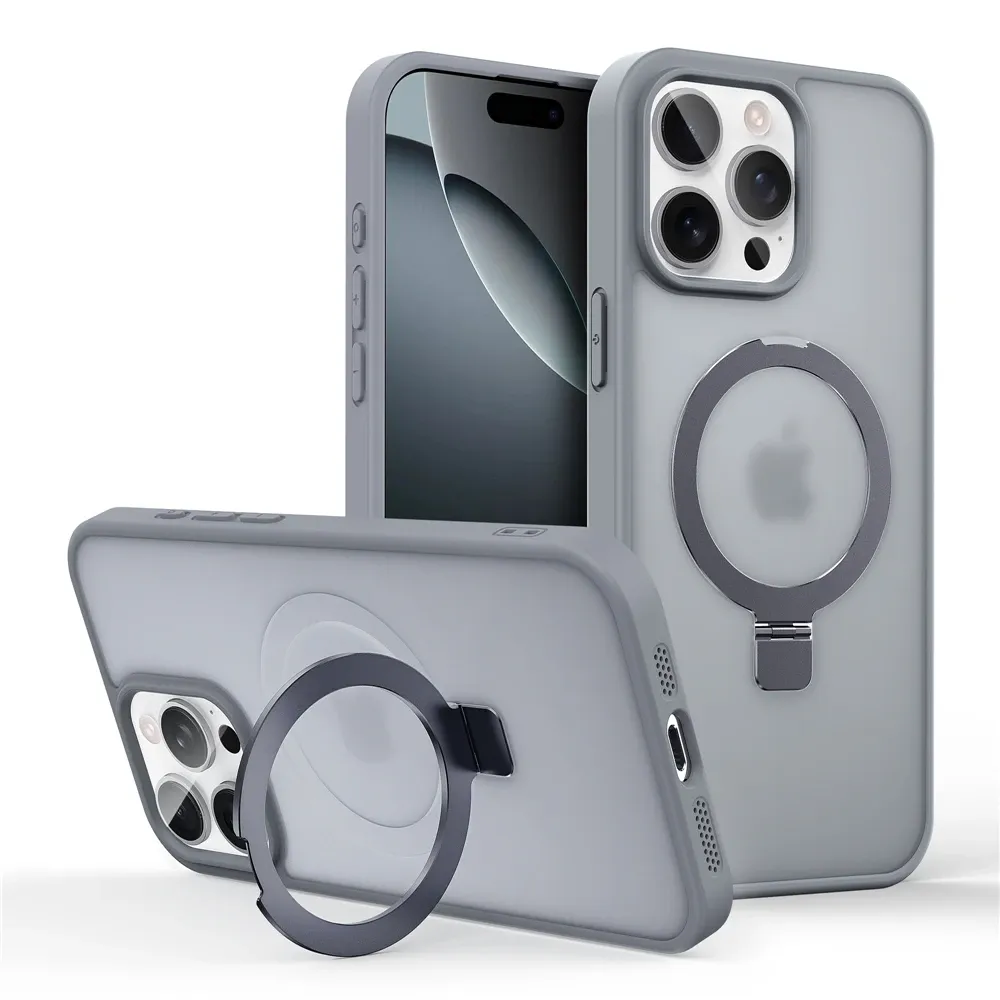 Coque magnétique mate avec anneau métallique et béquille, compatible MagSafe pour iPhone 11 à 17, Air, Pro et Pro Max 8
