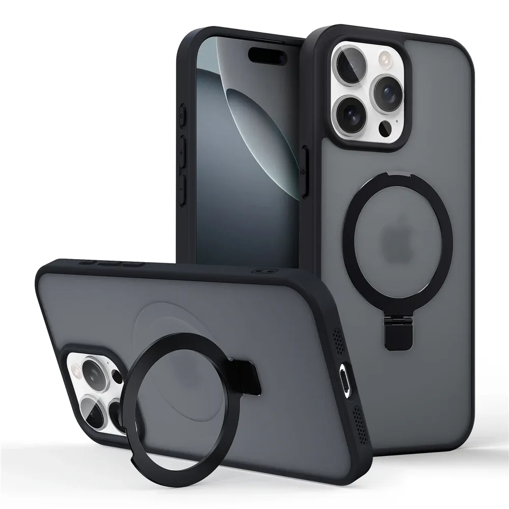 Coque magnétique mate avec anneau métallique et béquille, compatible MagSafe pour iPhone 11 à 17, Air, Pro et Pro Max 7