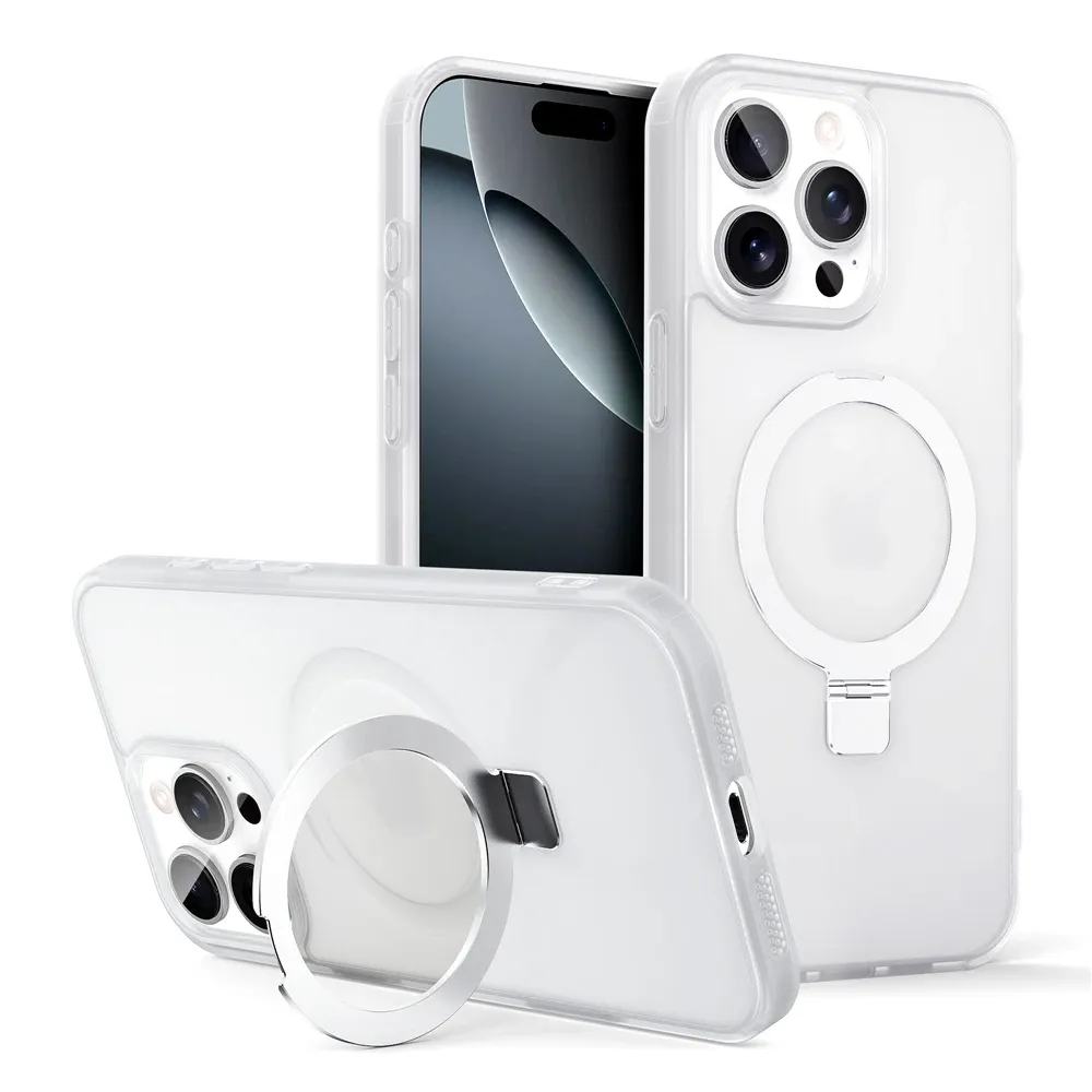 Coque magnétique mate avec anneau métallique et béquille, compatible MagSafe pour iPhone 11 à 17, Air, Pro et Pro Max 9