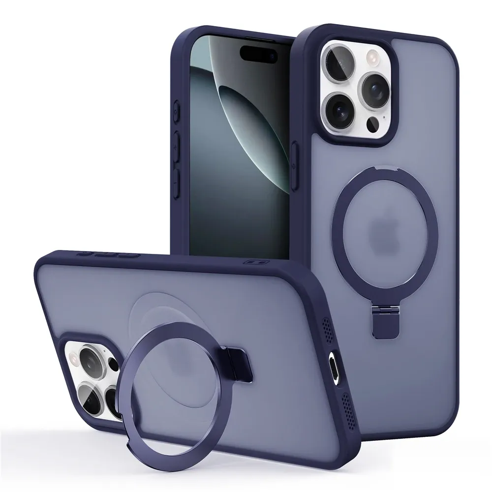Coque magnétique mate avec anneau métallique et béquille, compatible MagSafe pour iPhone 11 à 17, Air, Pro et Pro Max 10