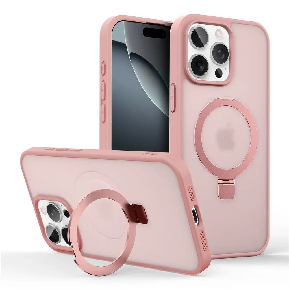 Coque magnétique mate avec anneau métallique et béquille, compatible MagSafe pour iPhone 11 à 17, Air, Pro et Pro Max 12