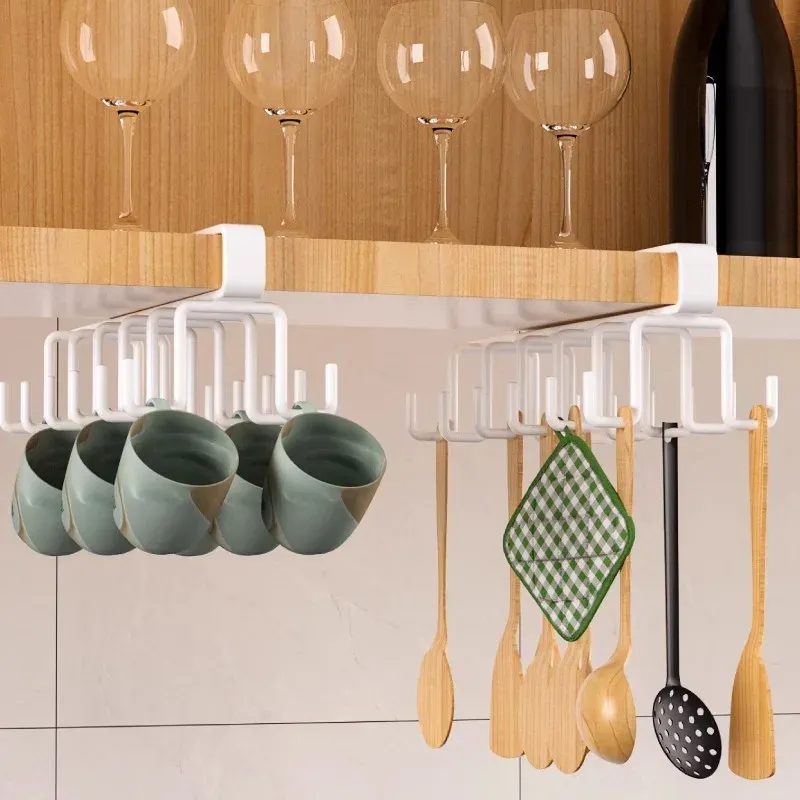 Crochet de suspension pour étagère inférieure d'armoire de cuisine, support sans perçage en tissu, organiseur à 6 crochets, support suspendu pour spatules 4
