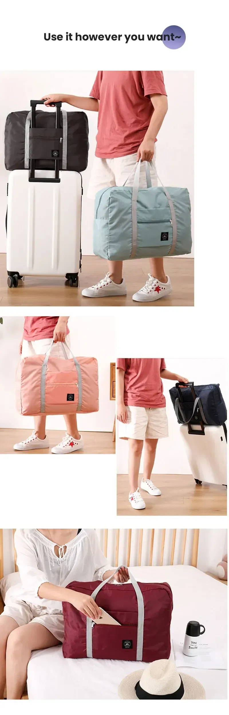 Sac de voyage pliable finitions et détails
