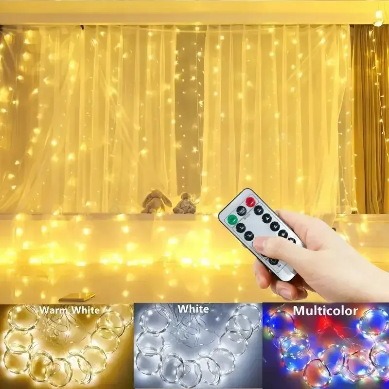 Guirlande lumineuse LED 100/600 à rideau 3/4/6 m avec télécommande USB, guirlande féerique pour décoration de Noël, chambre et maison 2
