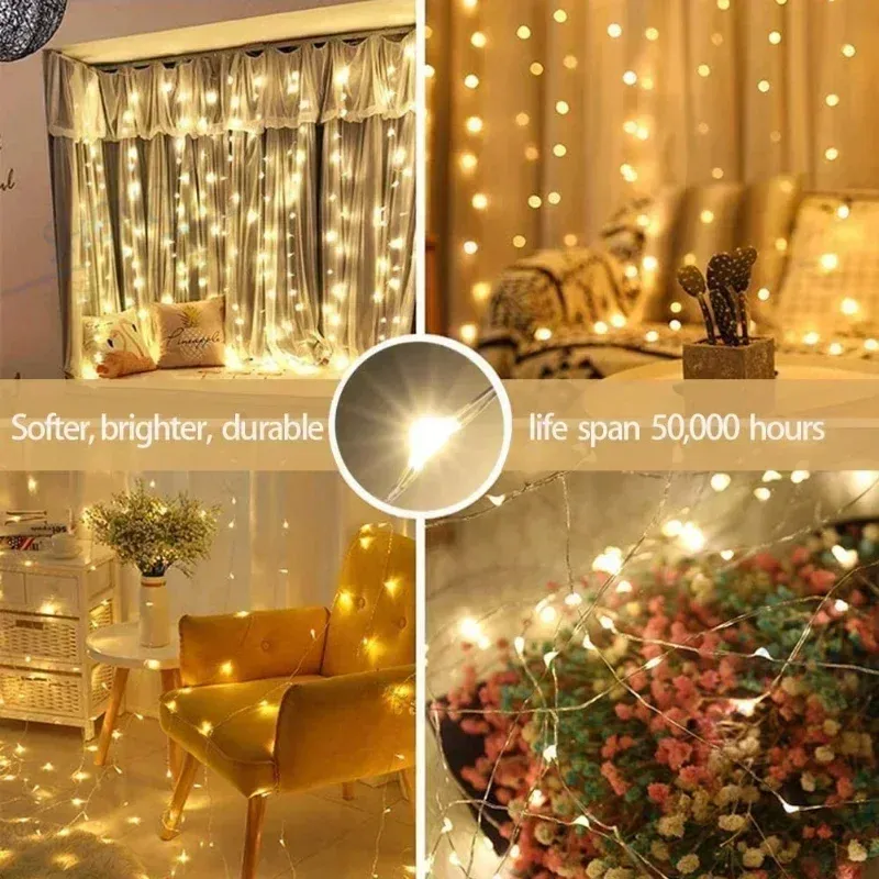 Rideau lumineux installé dans un salon décoré pour Noël