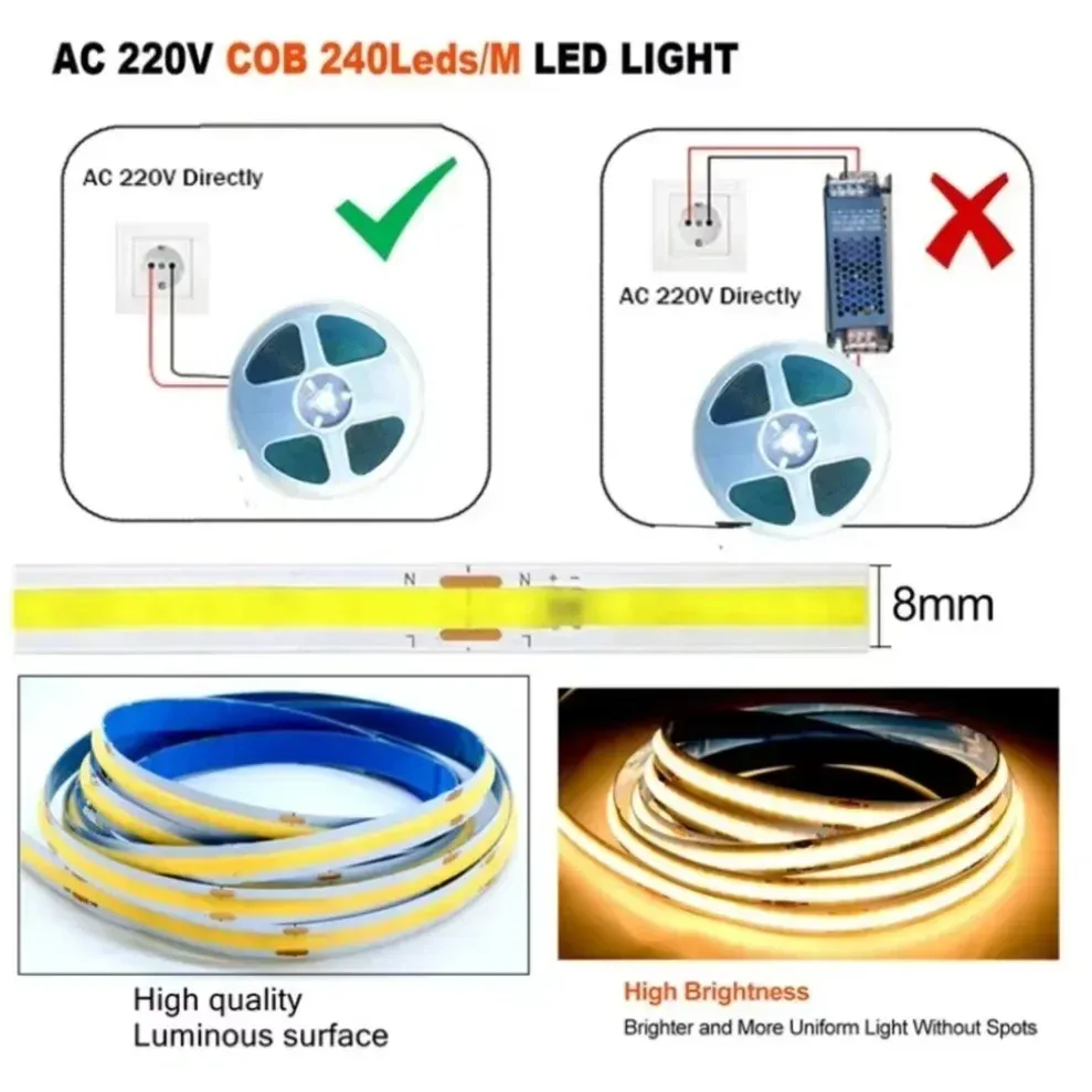 Bande LED COB flexible 220 V à CI intelligent, sans driver, haute luminosité, 240 LED, éclairage linéaire IRC95, blanc chaud, 1 à 5 m 3