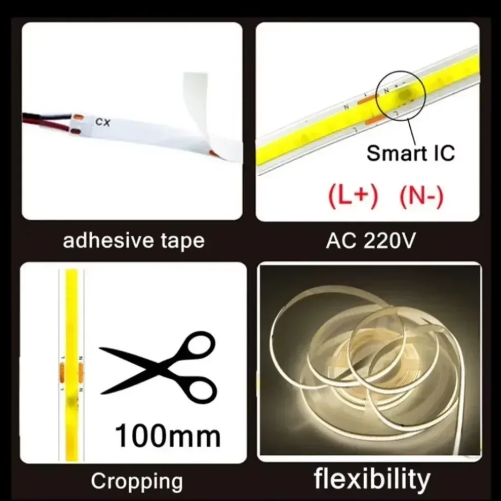 Bande LED COB flexible 220 V à CI intelligent, sans driver, haute luminosité, 240 LED, éclairage linéaire IRC95, blanc chaud, 1 à 5 m 4