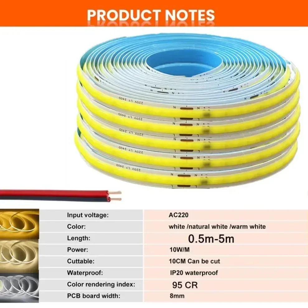 Bande LED COB flexible 220 V à CI intelligent, sans driver, haute luminosité, 240 LED, éclairage linéaire IRC95, blanc chaud, 1 à 5 m 6