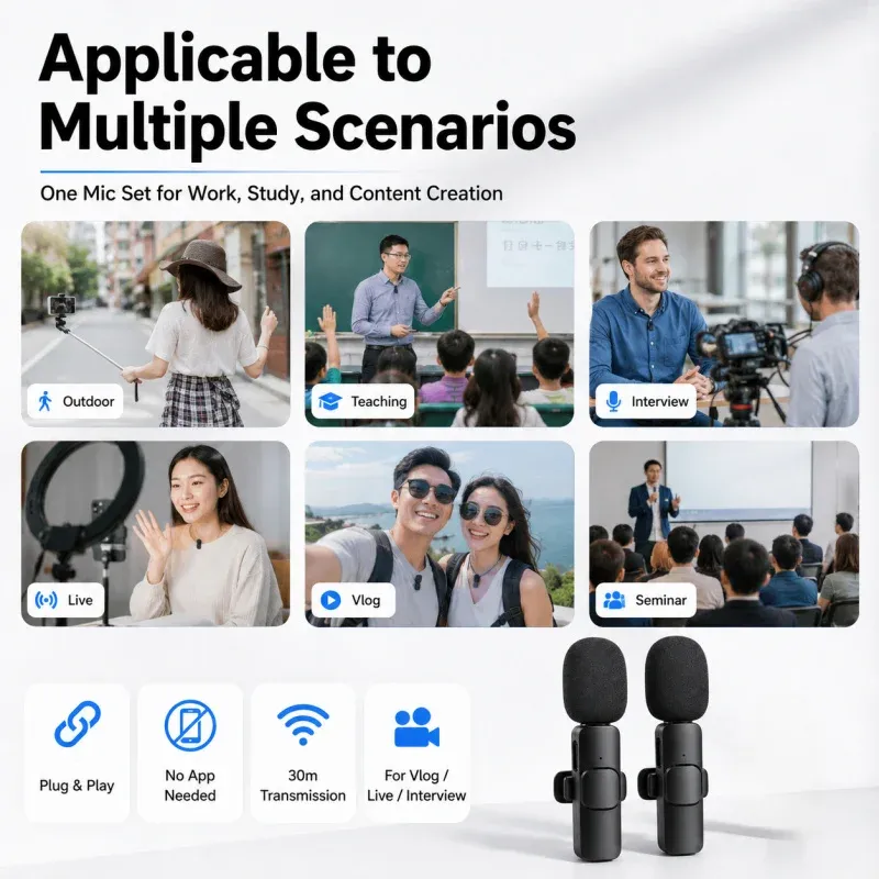Microphone-cravate sans fil 2.4 GHz pour téléphone, avec réduction de bruit, surveillance audio et réverbération, idéal pour la diffusion en direct 3