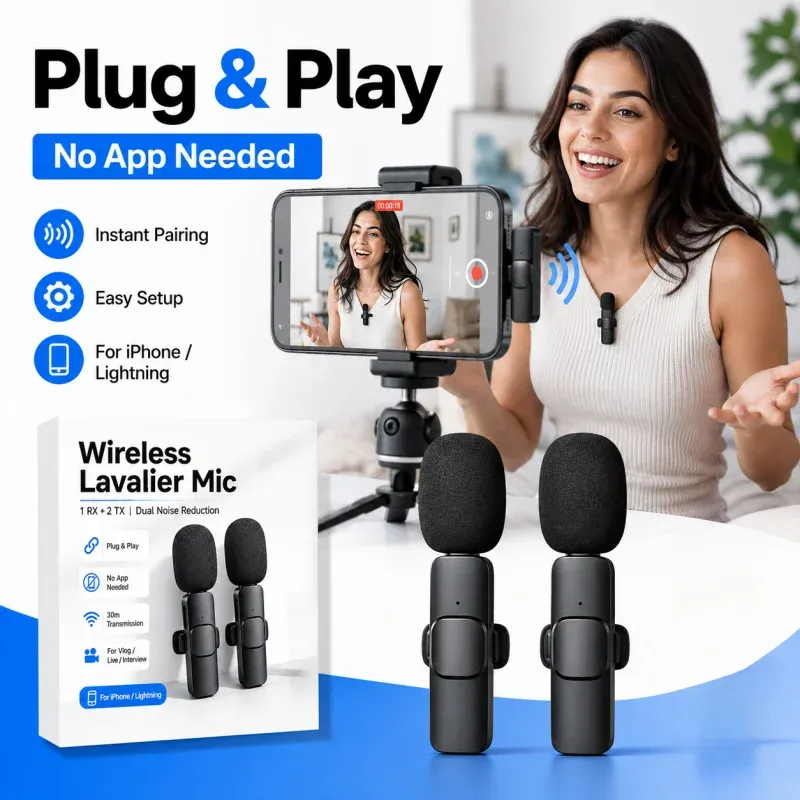 Microphone-cravate sans fil 2.4 GHz pour téléphone, avec réduction de bruit, surveillance audio et réverbération, idéal pour la diffusion en direct 2