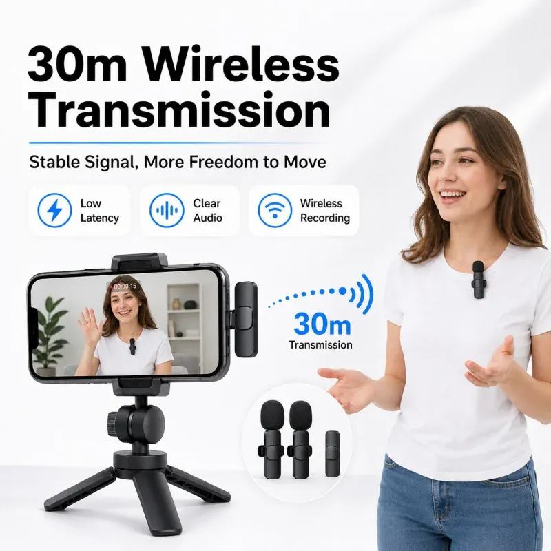 Microphone-cravate sans fil 2.4 GHz pour téléphone, avec réduction de bruit, surveillance audio et réverbération, idéal pour la diffusion en direct 4