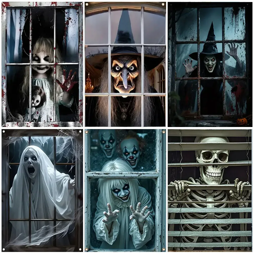 Rideau d'Halloween effrayant en tissu suspendu, décoration de fenêtre au thème horreur avec fantôme de sorcière et zombie - Image 1