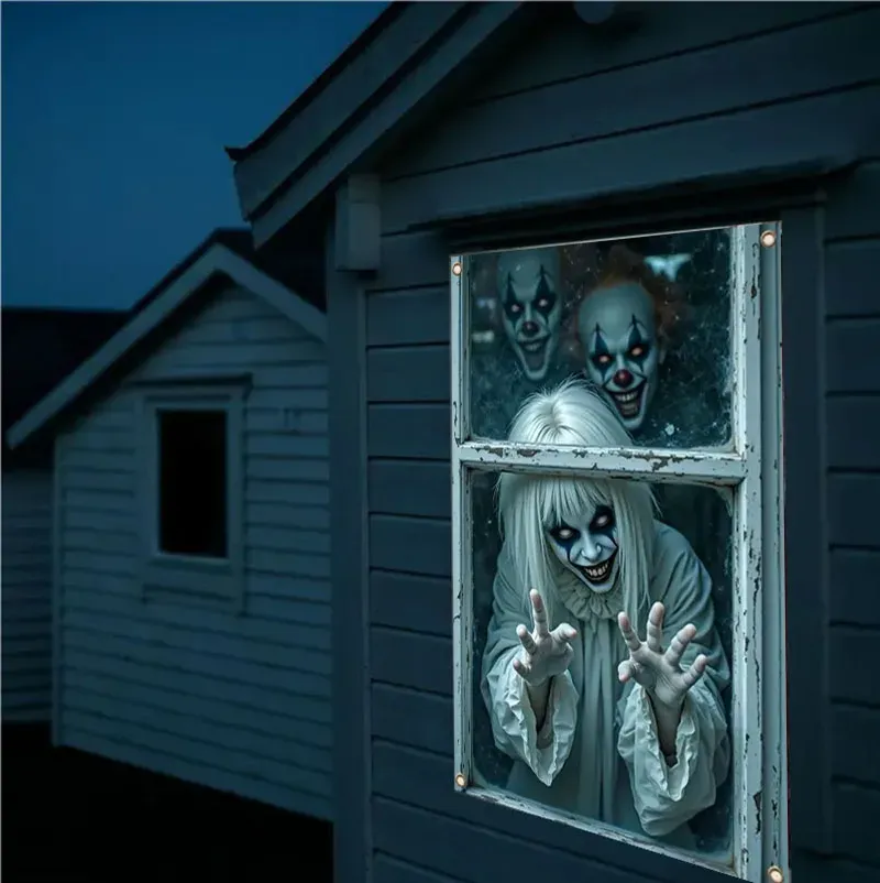 Rideau d'Halloween effrayant en tissu suspendu, décoration de fenêtre au thème horreur avec fantôme de sorcière et zombie 3