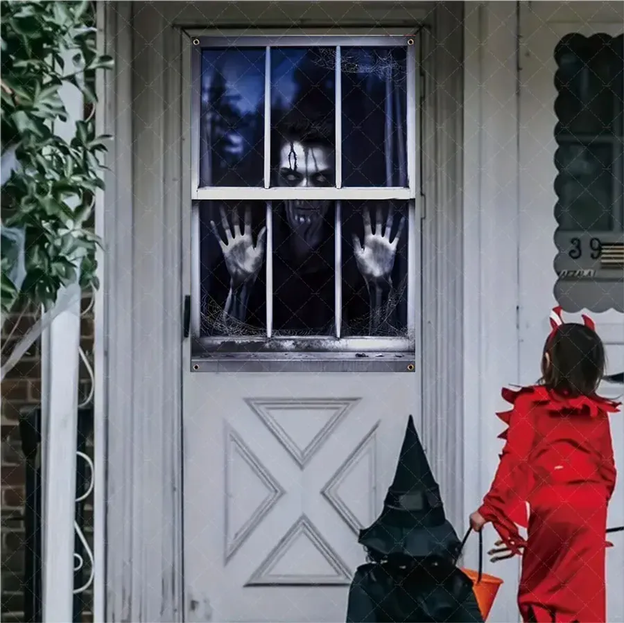 Rideau d'Halloween effrayant en tissu suspendu, décoration de fenêtre au thème horreur avec fantôme de sorcière et zombie 2